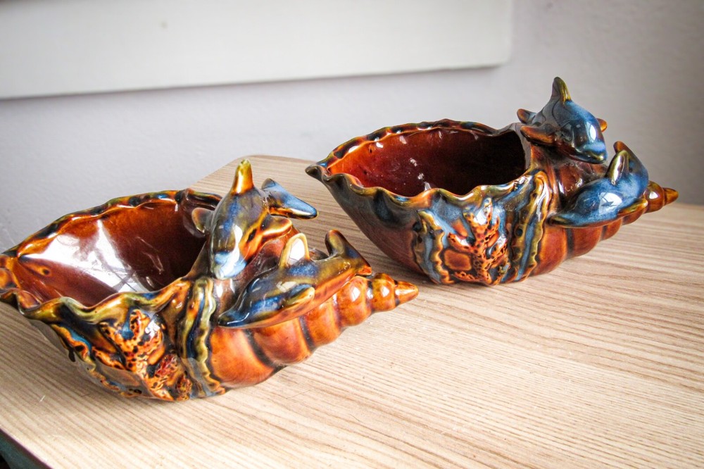 Set of 2 Lusterware Glazed Pottery Bowls W Dolphins on Conch Shell Blue Brown