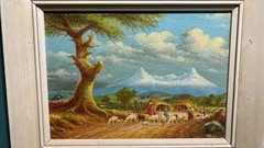 Oswaldo Moncayo Oil Painting Ecuador Village Sheep Landscape Signed 7×9 Framed