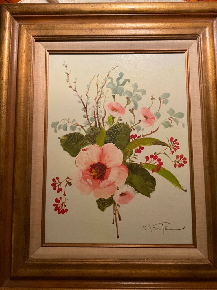 Vtg Pink Flowers Floral Still Life Painting Signed Gold Gilt Wood Frame 23×20”