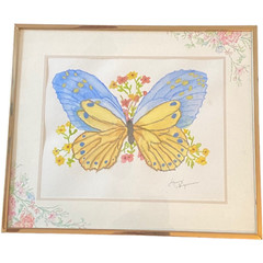 Whimsical Butterfly and flowers water color on paper painting matter framed gift
