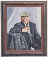 Original BLOOM Vintage Oil Painting Old Man Smoking Pipe Portrait Framed