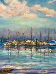 Seascape Boats Clouds Water Peaceful Art Original Oil Painting Kaloustian
