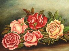 Antique C.1880 Primitive Roses Bouquet of Flowers on a Table Top O/C Painting
