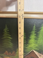 Vintage 1980s Original Art Oil Painting Cabin in Woods Landscape Water Signed