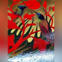 Original Hummingbird painting Art Gold Red Birds Unique gift surreal Artettina