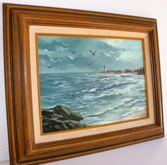 EDWARD JECKEL VINTAGE OIL PAINTING CANVAS SIGNED AMERICAN NY ARTIST LIGHTHOUSE