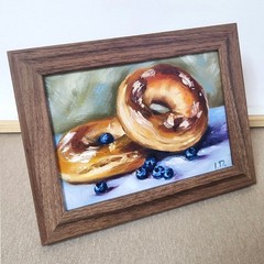 art 836 Original framed oil painting Food Still Life Bagels Blueberries 5×7 in