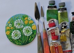 Dandelion Wildflowers Field Flowers Round Art 4×4″ Impasto Oil Painting Original
