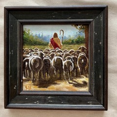 Jesus the Good Shepherd Original Oil Painting in Vintage Solid Wood Frame, Small