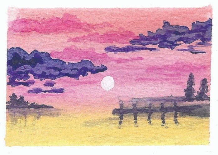 Original ACEO Watercolor 2.5 x 3.5, Signed, title: Sunrise on the dock