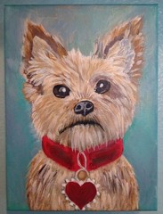 CUTE YORKIE DOG CANVAS PAINTING RED HEART COLLAR TURQUOISE PET PORTRAIT ART