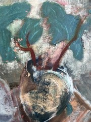 Old Still Life Glass Wine Bottle Plant Oil Painting Signed by Mary Bayne Bugbird