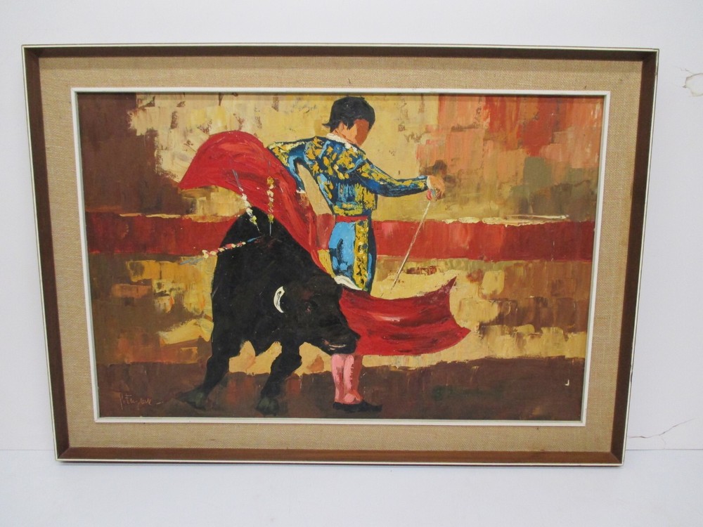 Vtg Signed Mid-Century Modern Painting Spanish Matador Bullfighter Framed