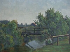 Summery River Landscape with Bridge and Pasture Fence Water Reflections Meadow