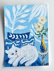 Original ACEO White Cat Blue Bedroom Miniature Dulce Maria Rico“THALASSA“