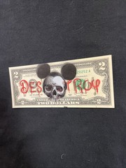 skull mickey DESTROY 2 Dollar Bill Original painting Graffiti Art Street Art