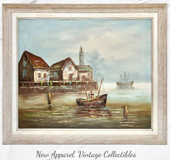 Signed H. Wilson Original 25″x29″ Framed Oil Painting, Harbour Scene Seascape
