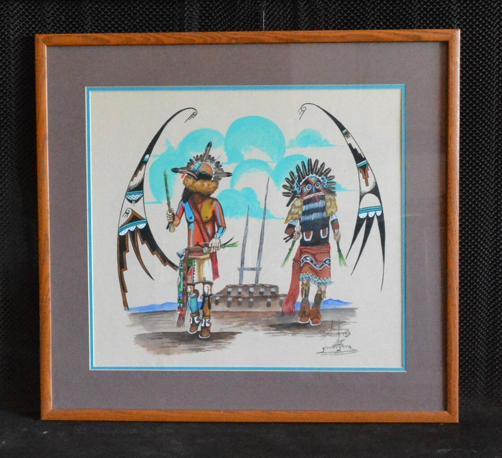 Daniel Namoki – Vintage Painting 2 Guard Kachinas – Eagle Wings – Kiva – Framed