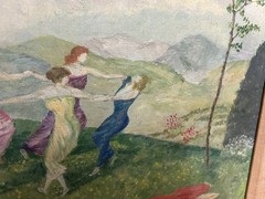 Vtg Signed HLK original oil painting copy of Franz Von Stuck Circle Dancing Old