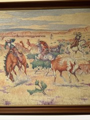 Antique Painting Cowboy Western Wrangler Cow Horse Large 1930’s Landscape Frese