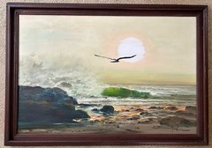 Seascape Coast Ocean Waves Seagull Soaring Oil Painting Canvas Signed 40” x 28”