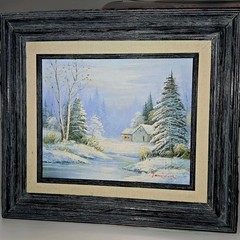 Vintage Winter Landscape Oil Painting Signed Jamison Snow Cabin Framed 18×18 ’75