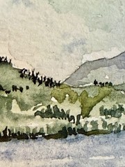 ACEO Painting by M. Hackney Mountains Water Watercolor, Signed Original 2.5×3.5″