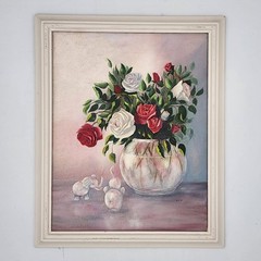 Vintage MCM Oil Painting Roses Floral Still Life Pink Elephants Signed SCP Frame