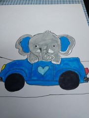 GAT Whimsical Painting Elephant In Car Safari Jungle Whimsical Animals 8.5 X 11