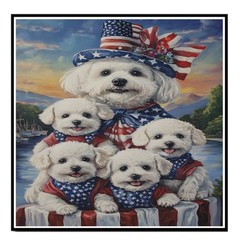 Patriotic Bichon Frise Dog Family Canvas Wall Art with Lake Sunset