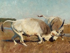 Hungarian Artist Bela Juszko Oil Painting. Hungarian Grey Cattle. Signed. C1950
