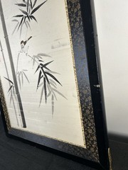 Asian Bamboo & Bird Ink Painting on Silk Scroll Style Framed Art 23×16