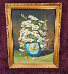 Vintage 1970’s Oil Painting Still Life Yellow Flowers Vase Framed Signed READ
