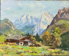 Unclearly Signed Alpine Hut Sky Meadow Autumn Snow Sunshine Antique