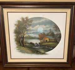 NATHAN WINTER Listed Artist OIL on CANVAS Scene of Cabin on Creek