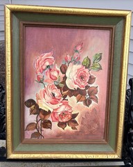 Antique Oil Painting On Board Pink Roses Signed Framed Wall Art Still Life 15X12