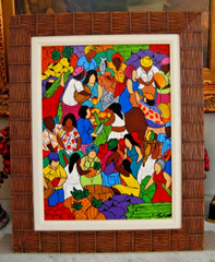 CUBAN ART FRAMED OIL ON CANVAS CUBAN HATIAN STYLE MARKET SCENE #3 ARTIST: FROOY