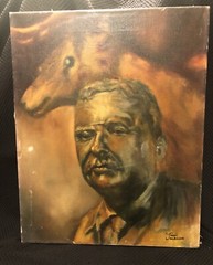 President Theodore Roosevelt & Horse Oil & Canvas Old Paper Political Art Signed
