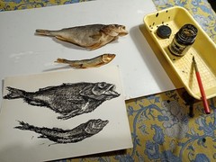 Fish Graphics Painting Original Art Expression Paper Ink Pen 7.4 x 10.6 in