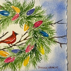 5”x7” Pamela Wilhelm Original Watercolor Christmas Wreath bow cardinal lights