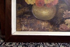 Oil Painting Mums with Oak Leaves Still Life Vintage MCM Signed & Framed