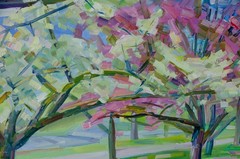 Two color Blossom Cherry Landscape – Oil Painting by Nikolay Budylin, Signed Art