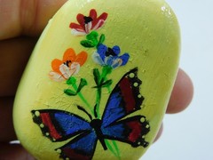 Flowers & Butterfly Hand painted rock Stone art Yellow