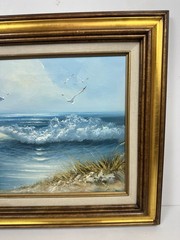 ORIGINAL OIL PAINTING Seaside Seascape Dunes Seagulls Ocean Signed Brown Framed