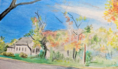 Art original painting fall landscape trees house street watercolor plus