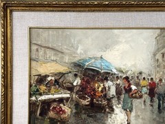 VTG c 1960s European School Orig. Impressionistic O/C Marketplace Signed Buchien