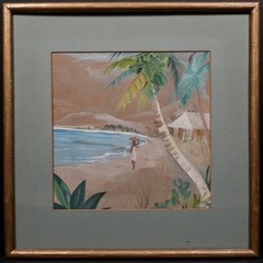 Vintage Mid Century Framed Signed Beach Scene Watercolor Painting