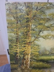 Antique Oil On Canvas Painting Landscape Countryside Cottage Cabin Pond Signed