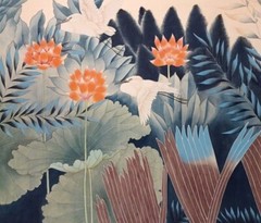 LARGE ASIAN FLORAL FOREST w/ BIRDS ORIGINAL WATERCOLOR on SILK MYSTERY ARTIST