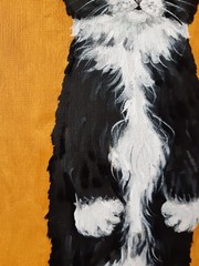 Black and White Cat Painting Cat Green Eyes Oil Artwork 12 by 9 Animal Art